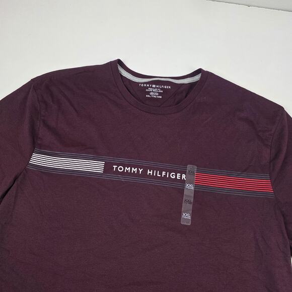 Tommy Hilfiger Shirt Mens 2XL Burgundy Regular Fit Stripe Logo Crewneck Tee - Picture 2 of 10